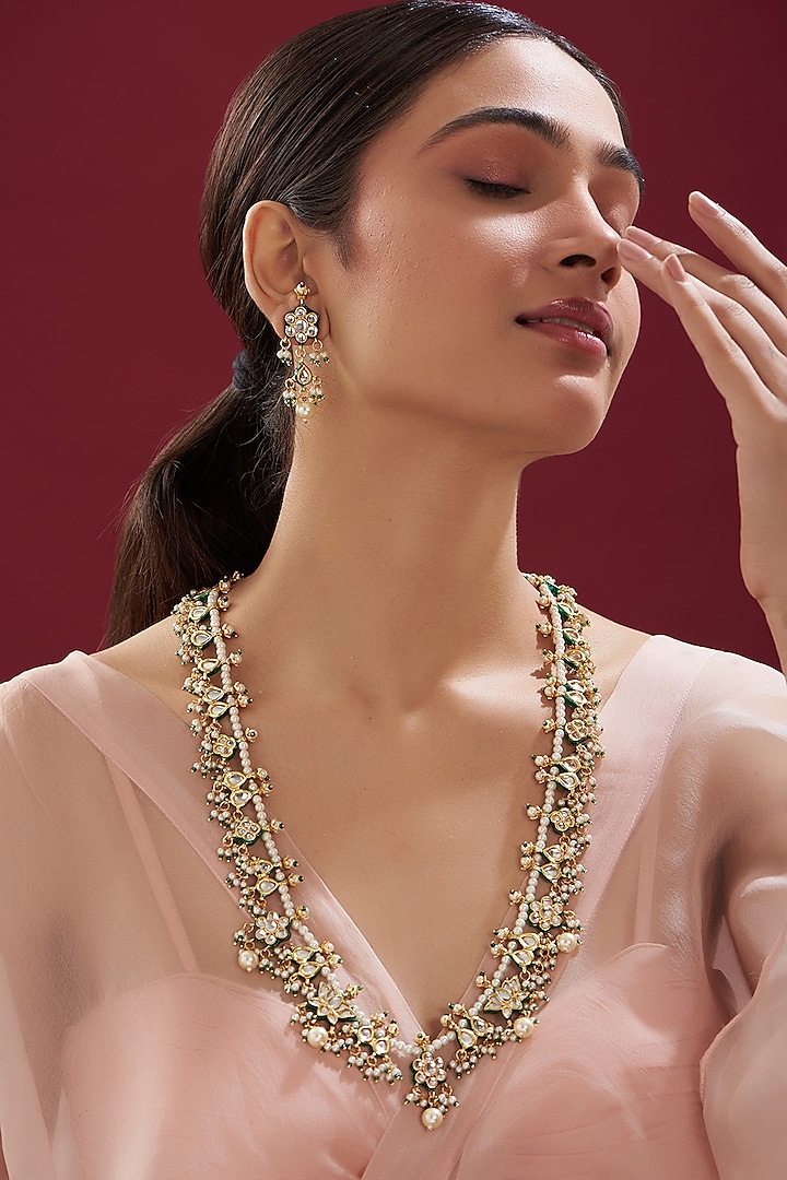 Gold Finish Kundan Polki & Green Beaded Long Necklace Set by VASTRAA Jewellery at Pernia's Pop Up Shop