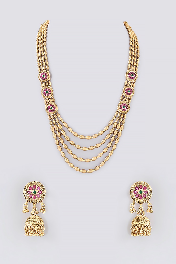 Gold Finish Kundan Polki & Ruby Temple Mala Set by VASTRAA Jewellery at Pernia's Pop Up Shop