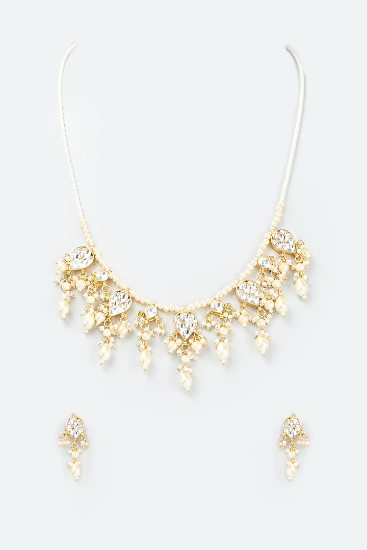Gold Finish Kundan Polki & Pearl Necklace Set by VASTRAA Jewellery at Pernia's Pop Up Shop