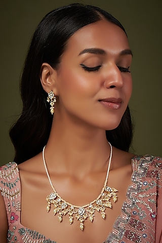 Gold Finish Kundan Polki & Pearl Necklace Set by VASTRAA Jewellery