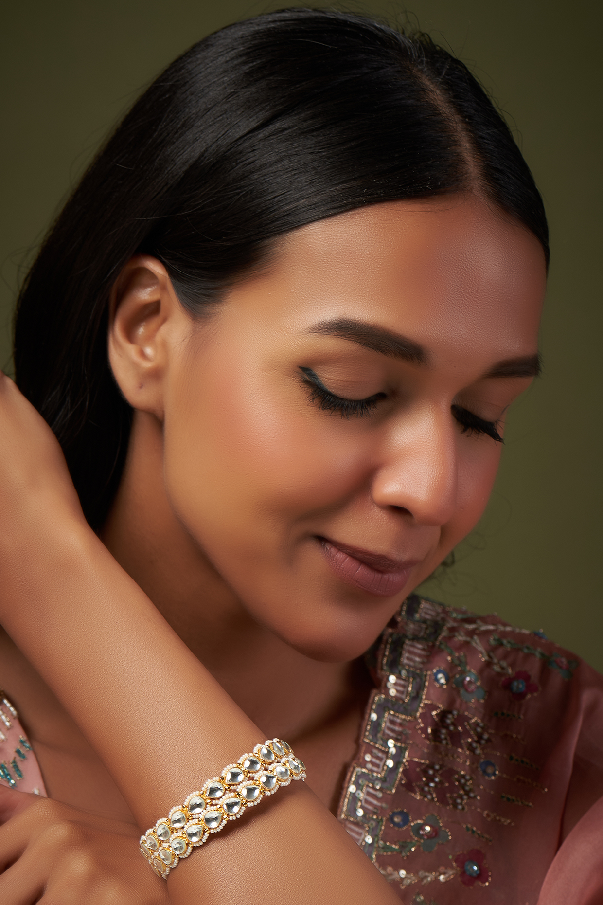 Gold Finish Kundan Polki & Pearl Bangles (Set of 2) by VASTRAA Jewellery at Pernia's Pop Up Shop