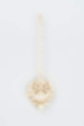 Gold Finish Kundan Polki & Pearl Maang Tikka by VASTRAA Jewellery