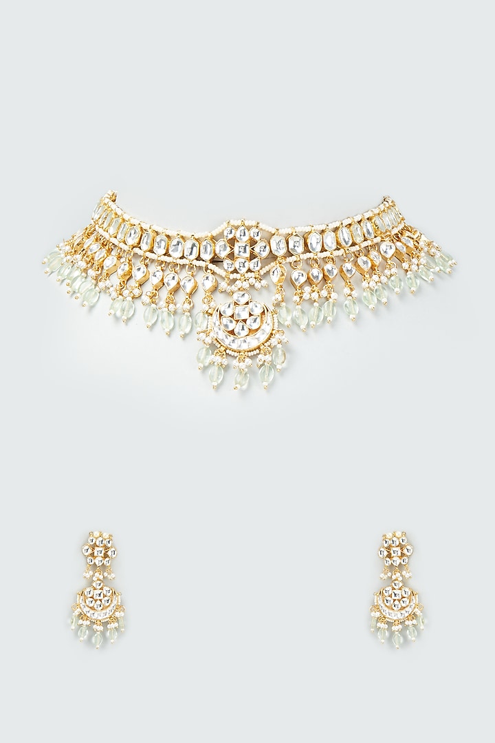Gold Finish Kundan Polki & Pearl Choker Necklace Set by VASTRAA Jewellery at Pernia's Pop Up Shop