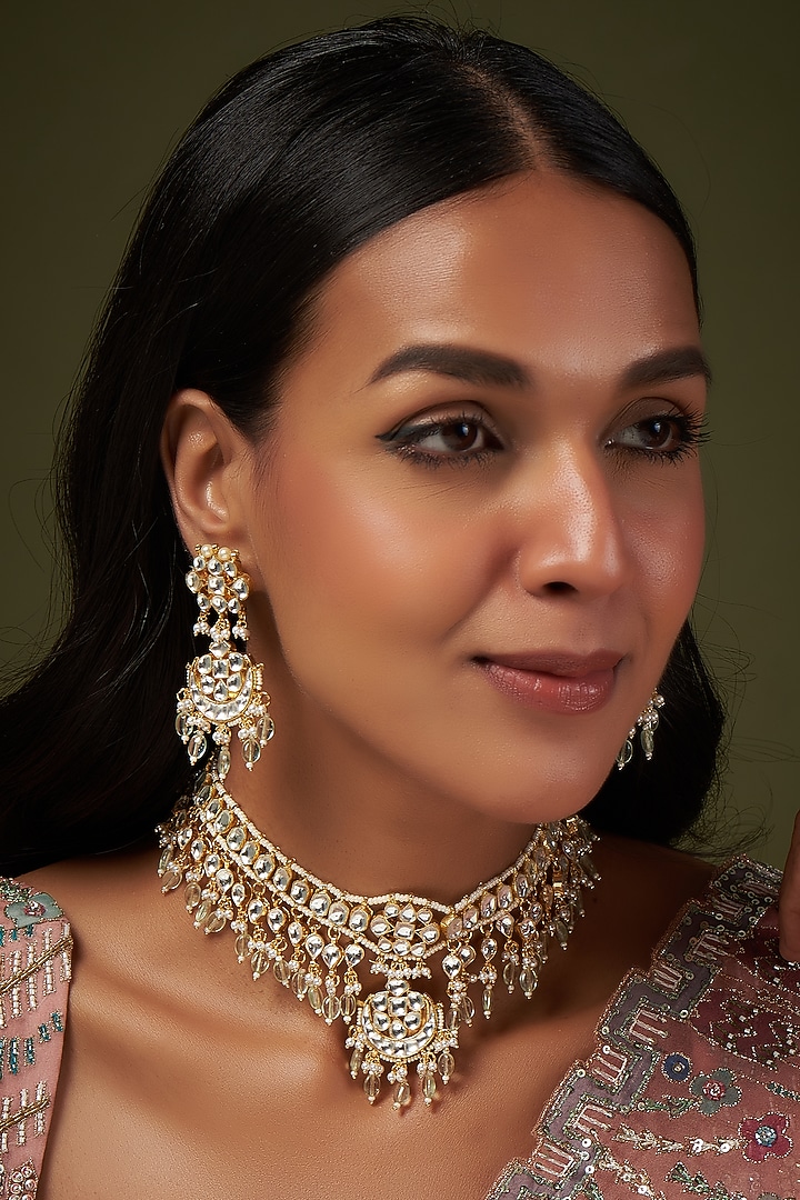 Gold Finish Kundan Polki & Pearl Choker Necklace Set by VASTRAA Jewellery at Pernia's Pop Up Shop
