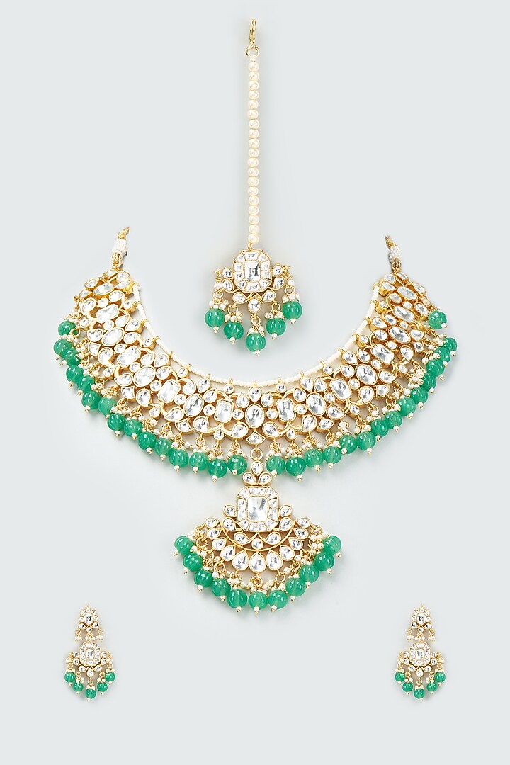 Gold Finish Kundan Polki Choker Necklace Set by VASTRAA Jewellery at Pernia's Pop Up Shop