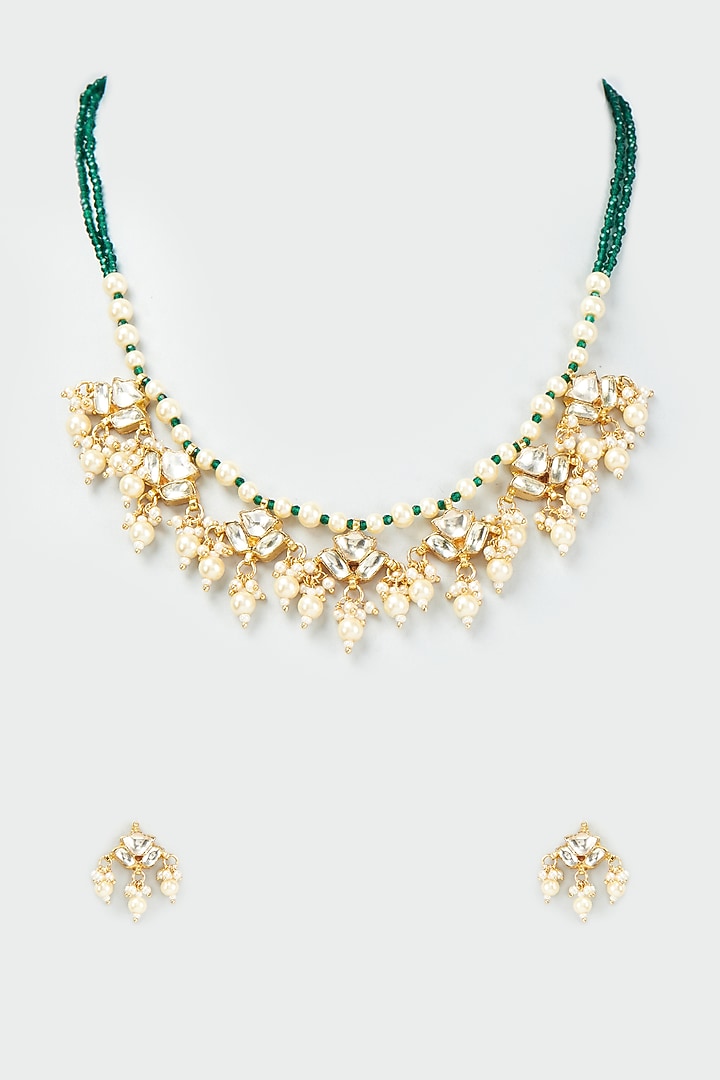 Gold Finish Kundan Polki & Pearl Necklace Set by VASTRAA Jewellery at Pernia's Pop Up Shop