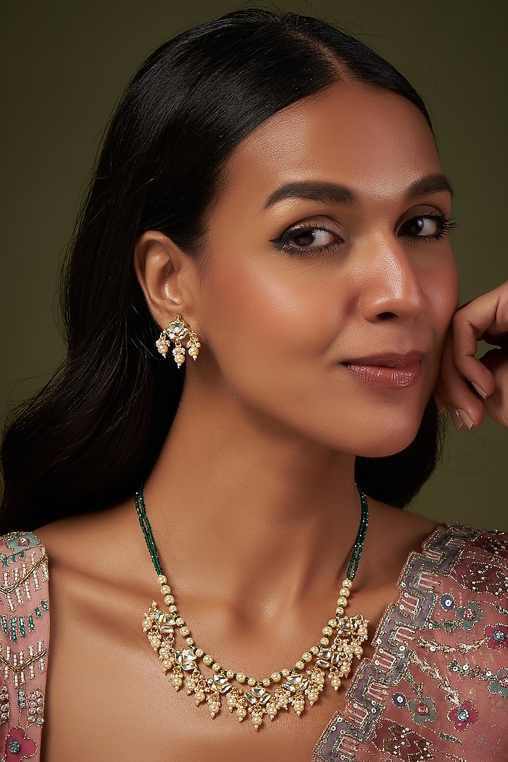 Gold Finish Kundan Polki & Pearl Necklace Set by VASTRAA Jewellery at Pernia's Pop Up Shop