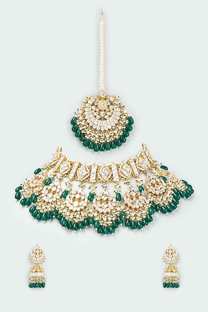 Gold Finish Kundan Polki Choker Necklace Set by VASTRAA Jewellery at Pernia's Pop Up Shop