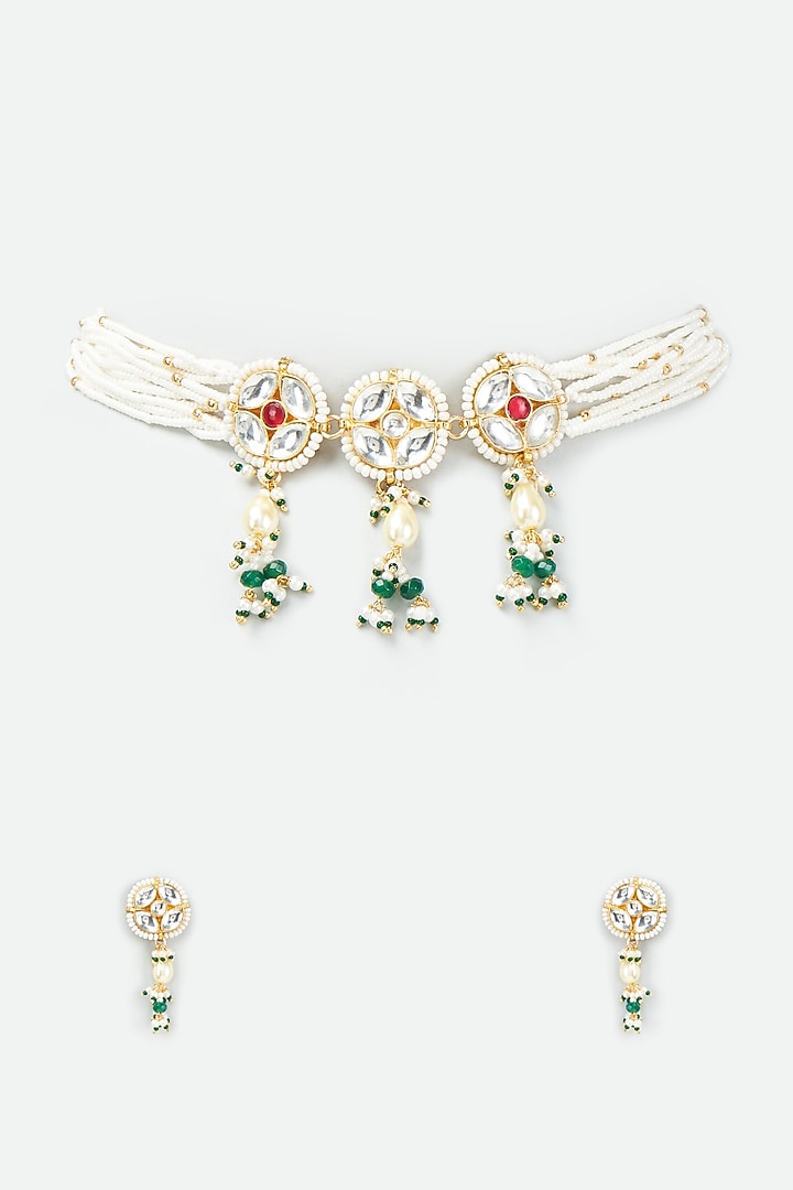 Gold Finish Kundan Polki & Red Stone Choker Necklace Set by VASTRAA Jewellery at Pernia's Pop Up Shop