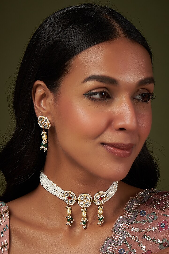 Gold Finish Kundan Polki & Red Stone Choker Necklace Set by VASTRAA Jewellery at Pernia's Pop Up Shop