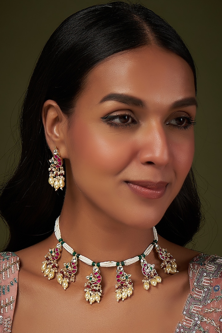 Gold Finish Kundan Polki & Red Stone Necklace Set by VASTRAA Jewellery at Pernia's Pop Up Shop