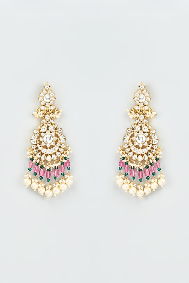 Gold Finish Kundan Polki Chandbali Earrings With Maang Tikka by VASTRAA Jewellery at Pernia's Pop Up Shop