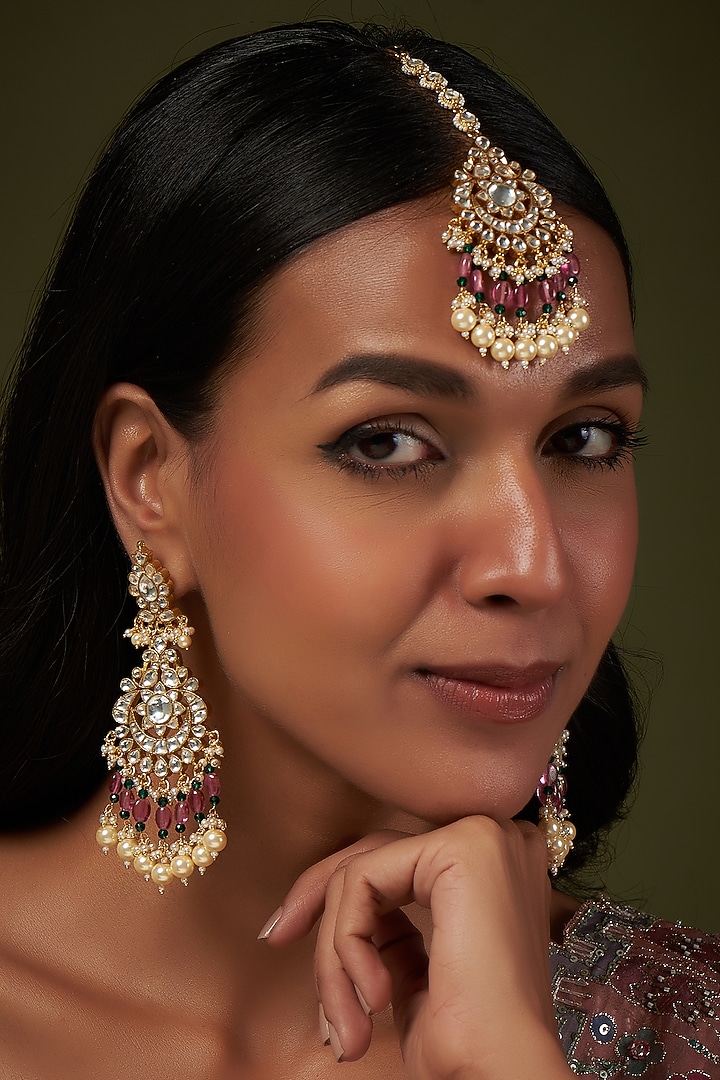 Gold Finish Kundan Polki Chandbali Earrings With Maang Tikka by VASTRAA Jewellery at Pernia's Pop Up Shop