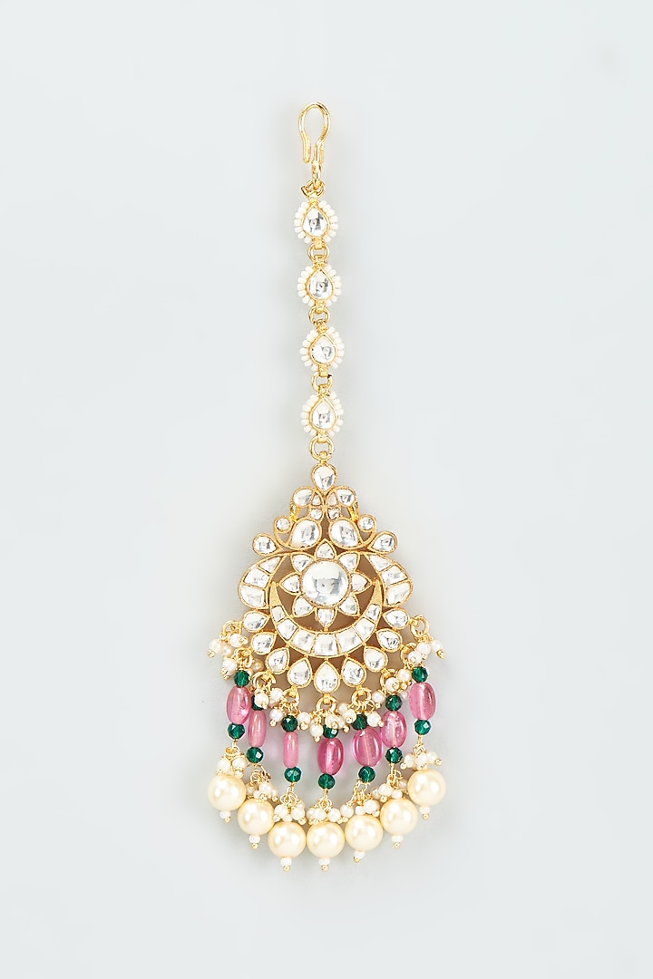 Gold Finish Kundan Polki Chandbali Earrings With Maang Tikka by VASTRAA Jewellery at Pernia's Pop Up Shop