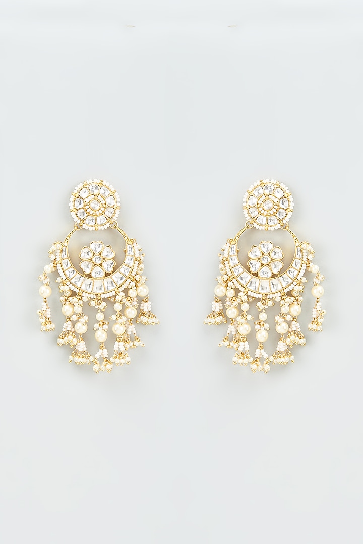 Gold Finish Kundan Polki & Pearl Chandbali Earrings by VASTRAA Jewellery at Pernia's Pop Up Shop