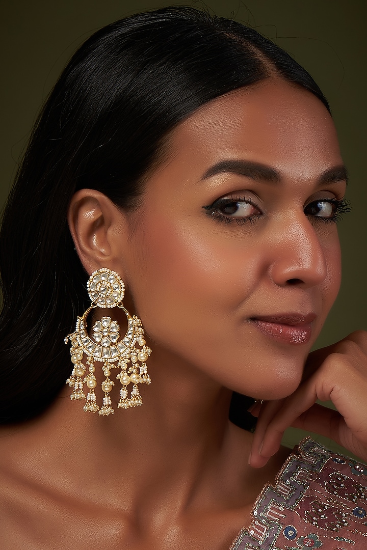 Gold Finish Kundan Polki & Pearl Chandbali Earrings by VASTRAA Jewellery at Pernia's Pop Up Shop