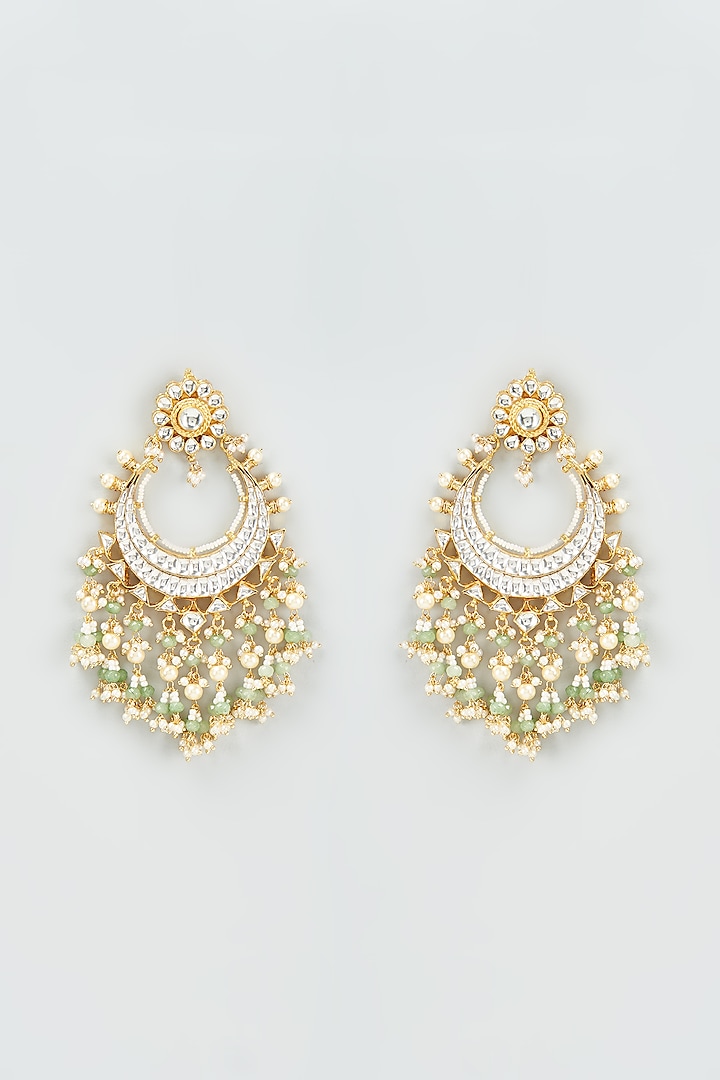 Gold Finish Kundan Polki & Pearl Chandbali Earrings by VASTRAA Jewellery at Pernia's Pop Up Shop