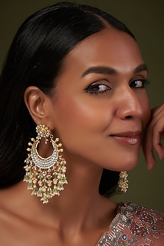 Gold Finish Kundan Polki & Pearl Chandbali Earrings by VASTRAA Jewellery