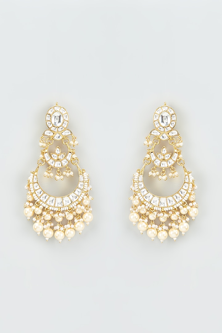 Gold Finish Kundan Polki & Pearl Chandbali Earrings by VASTRAA Jewellery at Pernia's Pop Up Shop