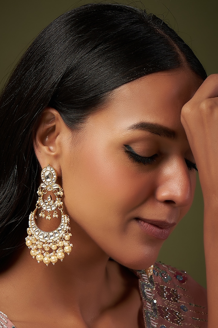 Gold Finish Kundan Polki & Pearl Chandbali Earrings by VASTRAA Jewellery
