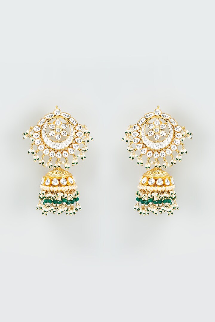 Gold Finish Kundan Polki Jhumka Earrings by VASTRAA Jewellery at Pernia's Pop Up Shop