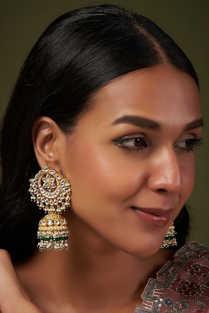 Gold Finish Kundan Polki Jhumka Earrings by VASTRAA Jewellery at Pernia's Pop Up Shop