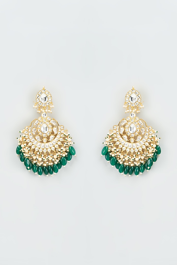 Gold Finish Kundan Polki & Beaded Chandbali Earrings by VASTRAA Jewellery at Pernia's Pop Up Shop