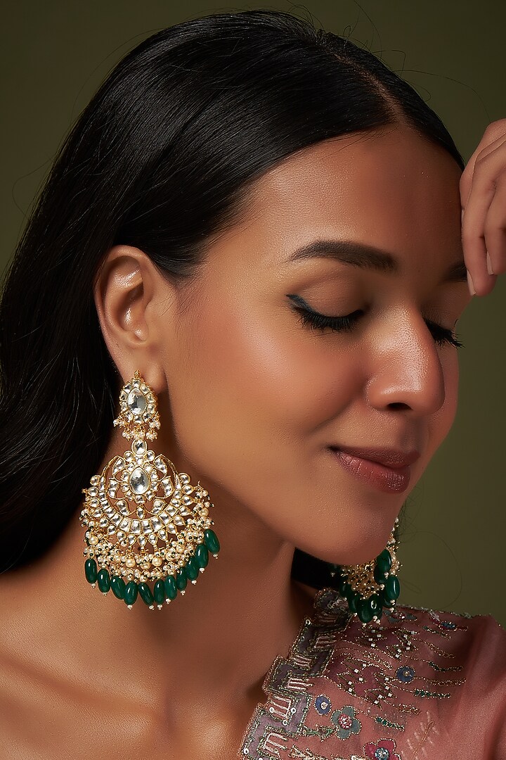 Gold Finish Kundan Polki & Beaded Chandbali Earrings by VASTRAA Jewellery at Pernia's Pop Up Shop