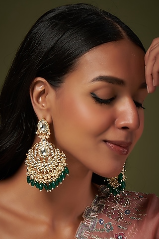 Gold Finish Kundan Polki & Beaded Chandbali Earrings by VASTRAA Jewellery