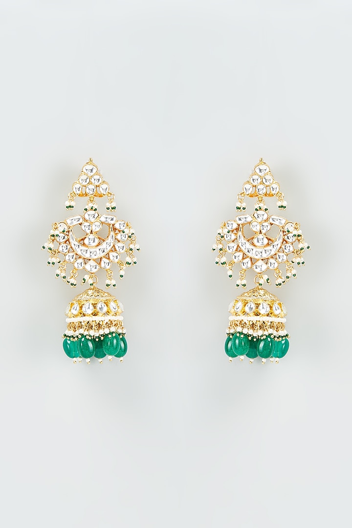 Gold Finish Kundan Polki Jhumka Earrings by VASTRAA Jewellery at Pernia's Pop Up Shop