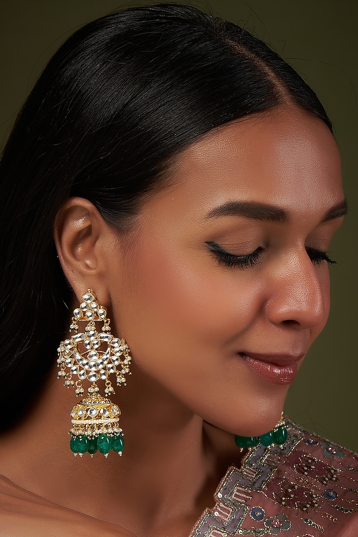 Gold Finish Kundan Polki Jhumka Earrings by VASTRAA Jewellery at Pernia's Pop Up Shop