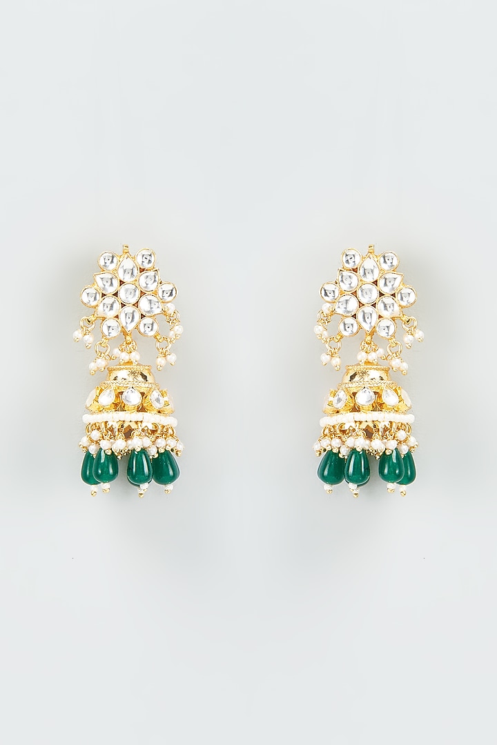Gold Finish Kundan Polki Jhumka Earrings by VASTRAA Jewellery at Pernia's Pop Up Shop