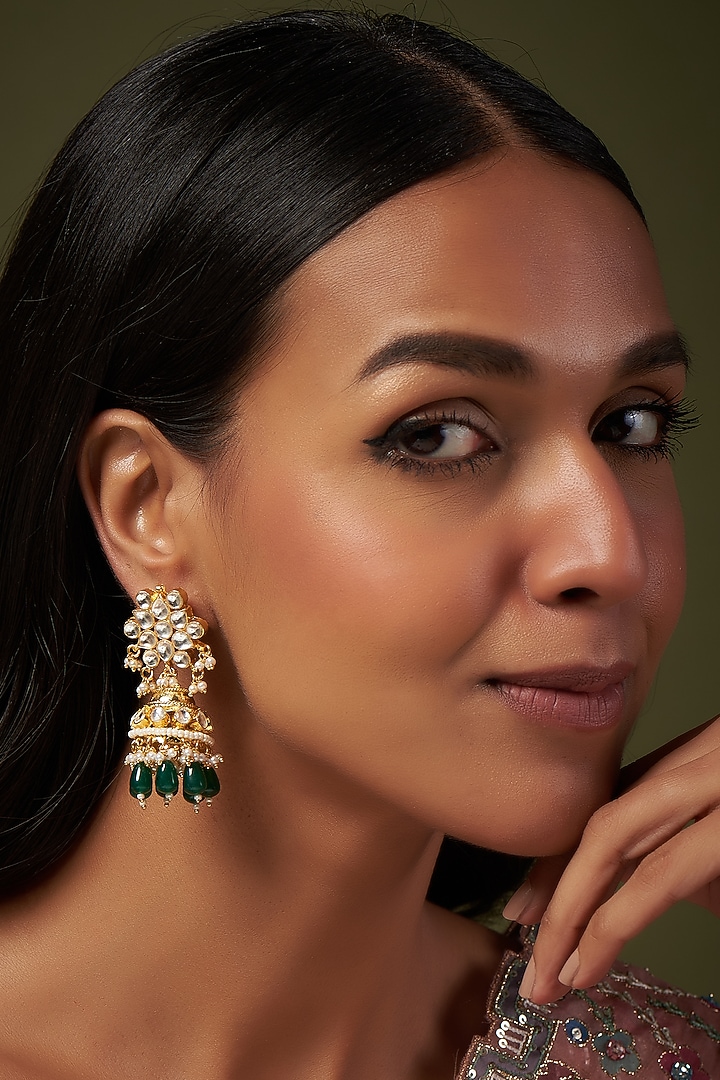 Gold Finish Kundan Polki Jhumka Earrings by VASTRAA Jewellery at Pernia's Pop Up Shop