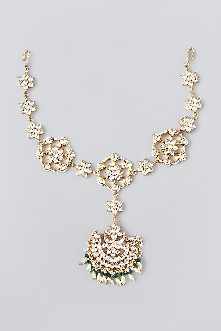 Gold Finish Kundan Polki & Pearl Mathapatti by VASTRAA Jewellery at Pernia's Pop Up Shop