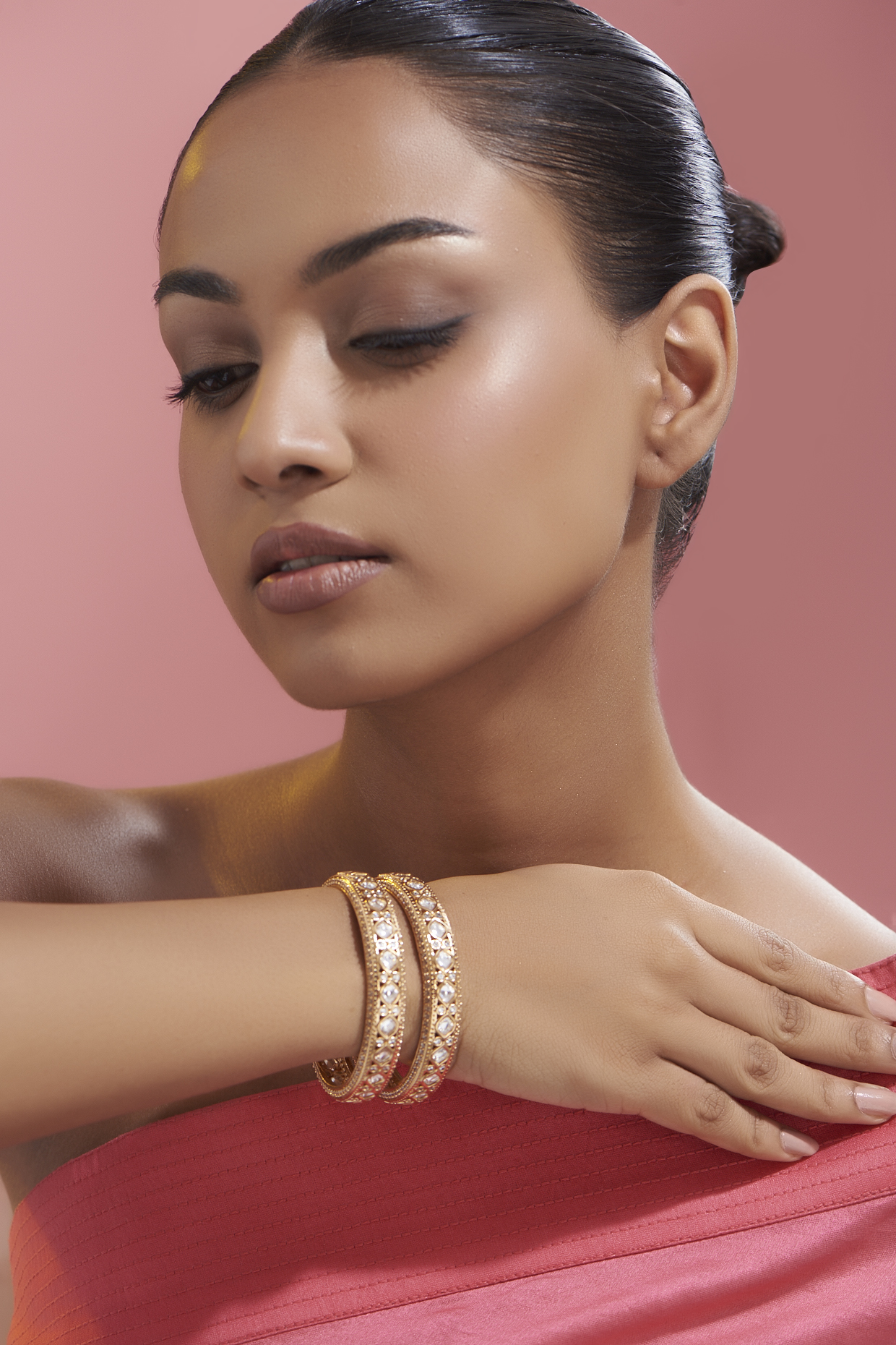 Gold Finish Kundan Polki Bangles (Set Of 2) by VASTRAA Jewellery at Pernia's Pop Up Shop