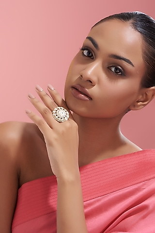 Gold Finish Kundan Polki Ring by VASTRAA Jewellery
