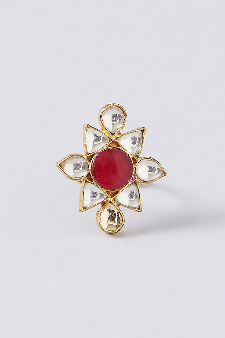 Gold Finish Kundan Polki & Synthetic Ruby Stone Ring by VASTRAA Jewellery at Pernia's Pop Up Shop