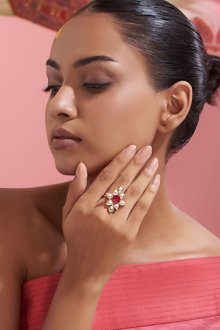 Gold Finish Kundan Polki & Synthetic Ruby Stone Ring by VASTRAA Jewellery at Pernia's Pop Up Shop