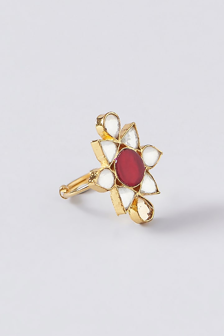 Gold Finish Kundan Polki & Synthetic Ruby Stone Ring by VASTRAA Jewellery at Pernia's Pop Up Shop