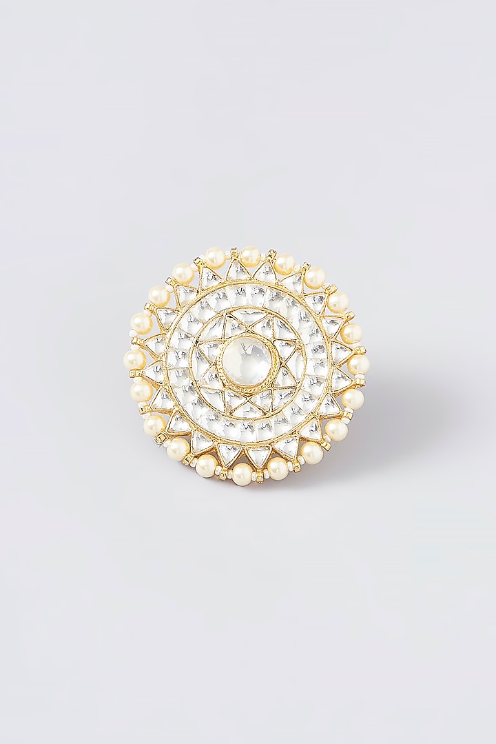 Gold Finish Kundan Polki & Pearl Ring by VASTRAA Jewellery at Pernia's Pop Up Shop