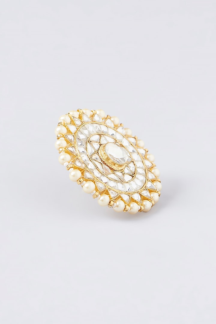 Gold Finish Kundan Polki & Pearl Ring by VASTRAA Jewellery at Pernia's Pop Up Shop
