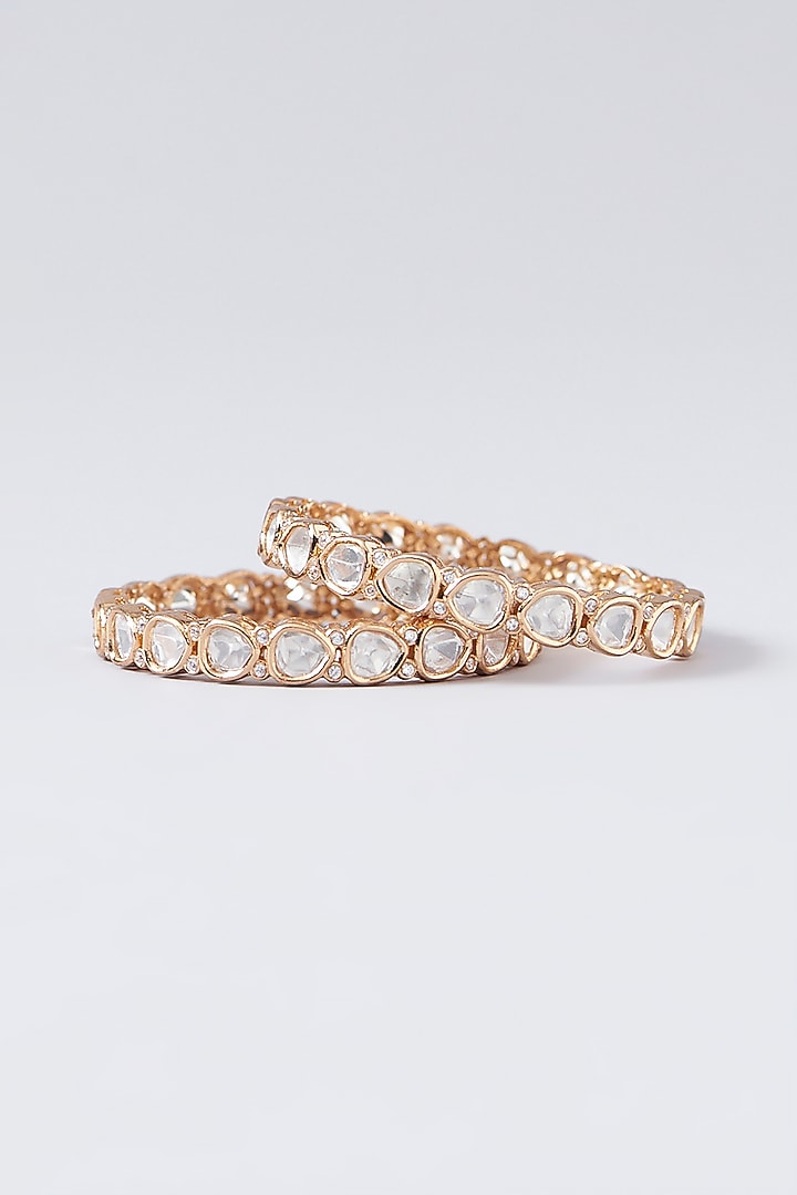 Gold Finish Kundan Polki Bangles (Set Of 2) by VASTRAA Jewellery at Pernia's Pop Up Shop