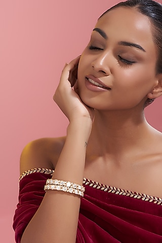 Gold Finish Kundan Polki Bangles (Set Of 2) by VASTRAA Jewellery