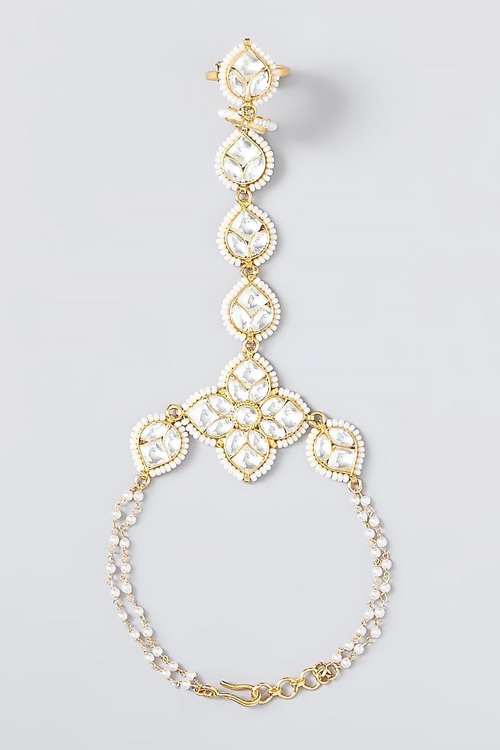 Gold Finish Kundan Polki & Pearl Haath Phool by VASTRAA Jewellery at Pernia's Pop Up Shop