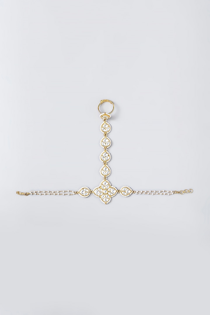 Gold Finish Kundan Polki & Pearl Haath Phool by VASTRAA Jewellery at Pernia's Pop Up Shop