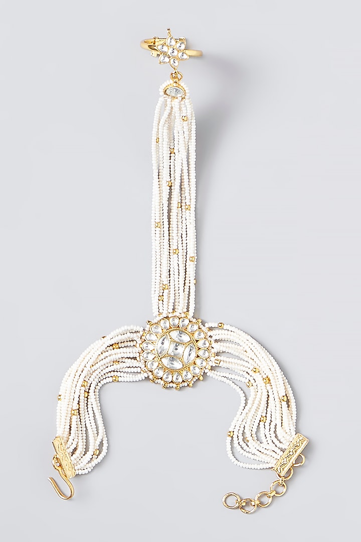 Gold Finish Kundan Polki & Pearl Haath Phool by VASTRAA Jewellery at Pernia's Pop Up Shop