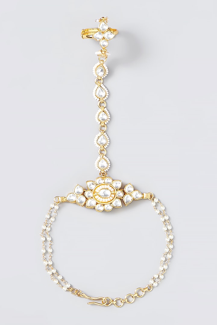 Gold Finish Kundan Polki & Pearl Haath Phool by VASTRAA Jewellery at Pernia's Pop Up Shop