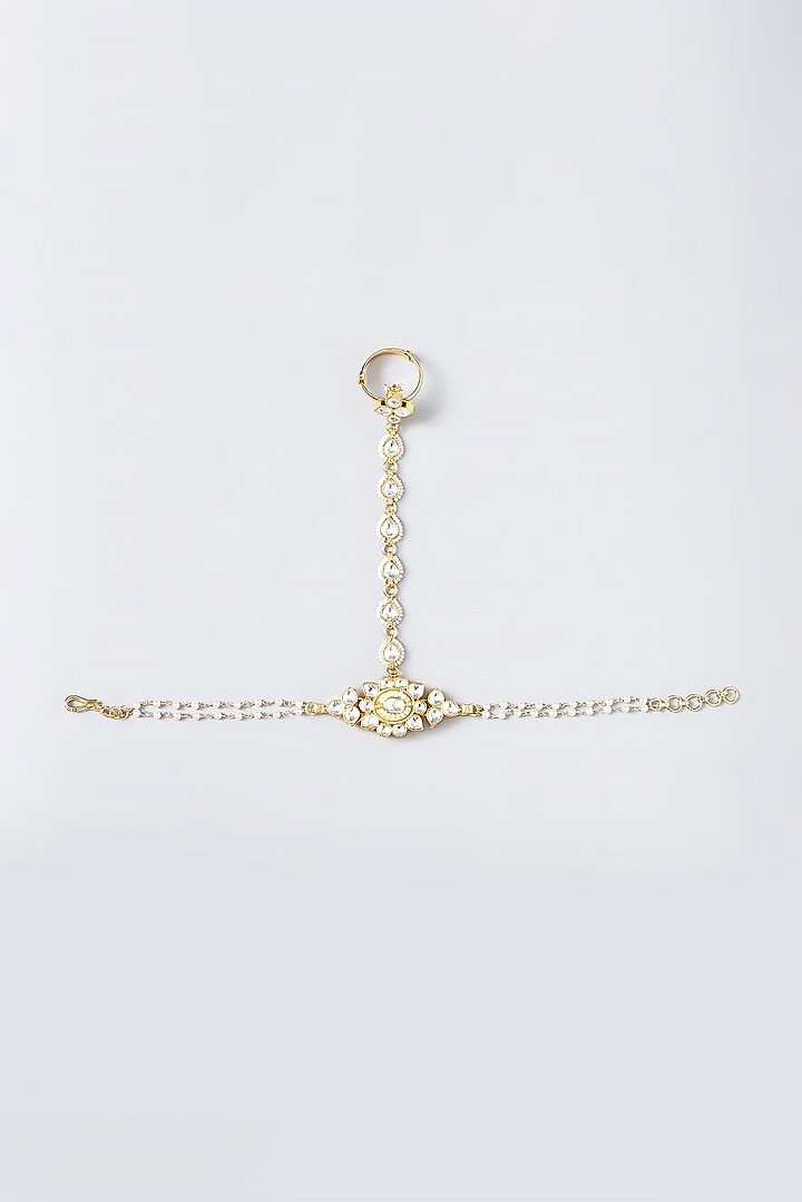Gold Finish Kundan Polki & Pearl Haath Phool by VASTRAA Jewellery at Pernia's Pop Up Shop