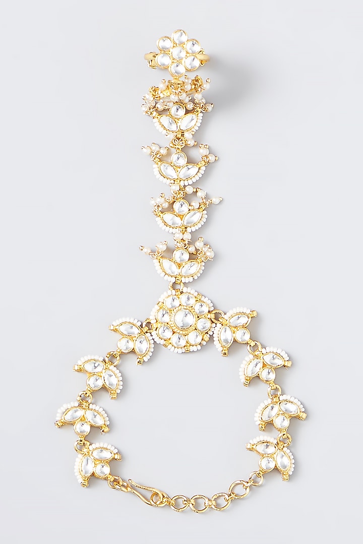 Gold Finish Kundan Polki & Pearl Haath Phool by VASTRAA Jewellery at Pernia's Pop Up Shop