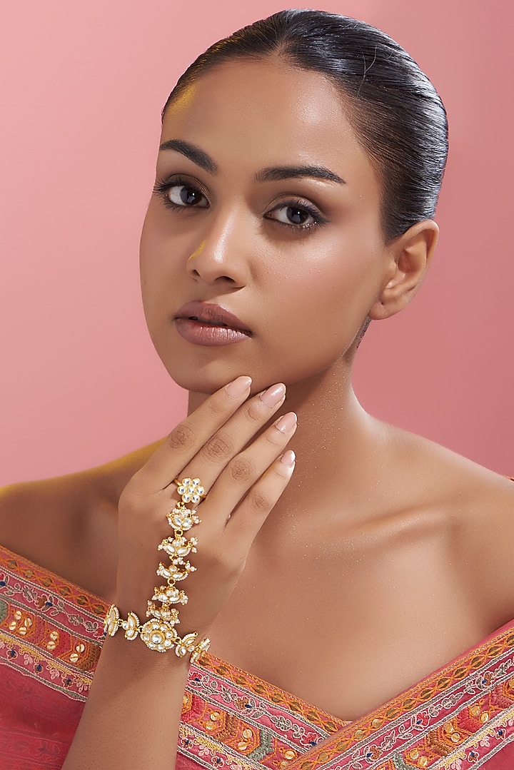 Gold Finish Kundan Polki & Pearl Haath Phool by VASTRAA Jewellery at Pernia's Pop Up Shop